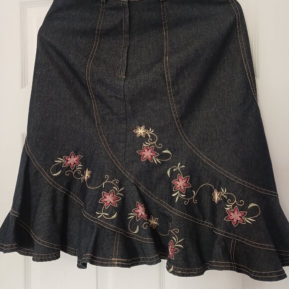 Marie Claire Floral Embroidered Trumpet Midi Denim Skirt - Picture 2 of 3